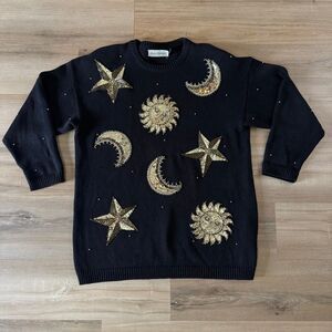Vintage Marisa Christina Size XL Celestial Sweater Gold Sequins Witchy Halloween